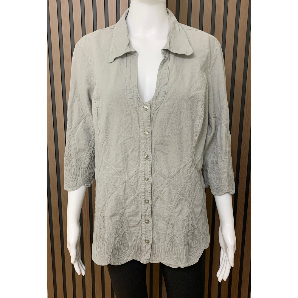 Soft Surroundings Gray Embroidered Scalloped Top XL Cotton Blend Lagenlook